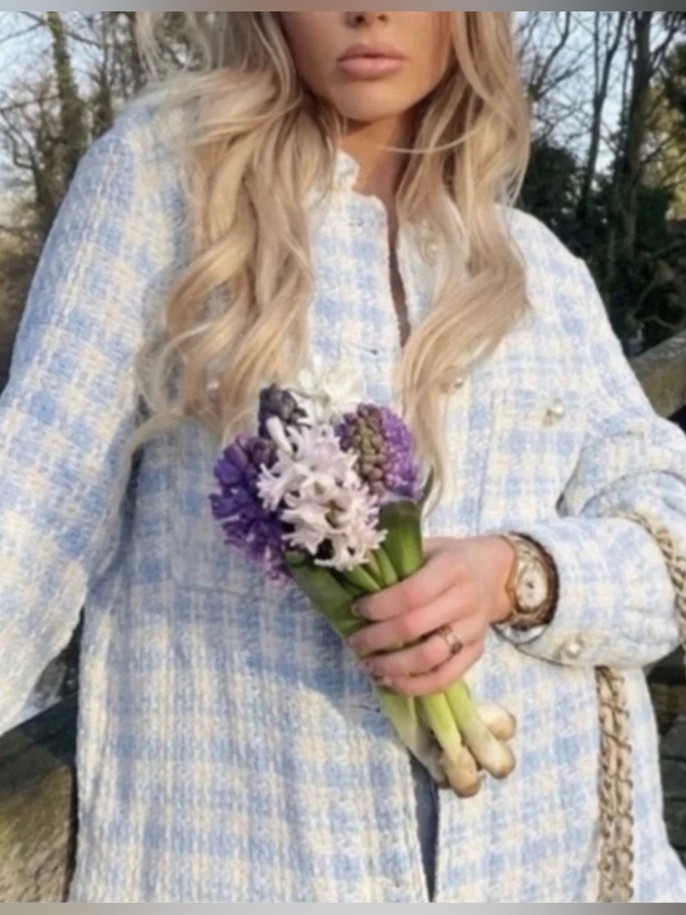 Zara Channel-esque Textured Weave Houndstooth Oversized Shacket Ice Blue & White